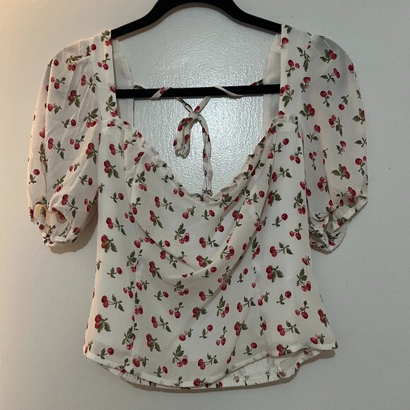 Abercrombie & Fitch Cherry Print Top, Puff Sleeves, Size Medium - With Tags - Picture 1 of 4